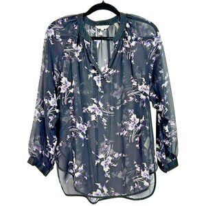 REBECCA TAYLOR Blouse Size 6 Black Floral 100% Silk Sheer Popover Long Sleeve